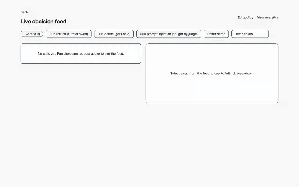 A prompt injected support ticket leads to an update_billing call; AegisAI holds it, the judge names the injected instruction, and a human blocks it